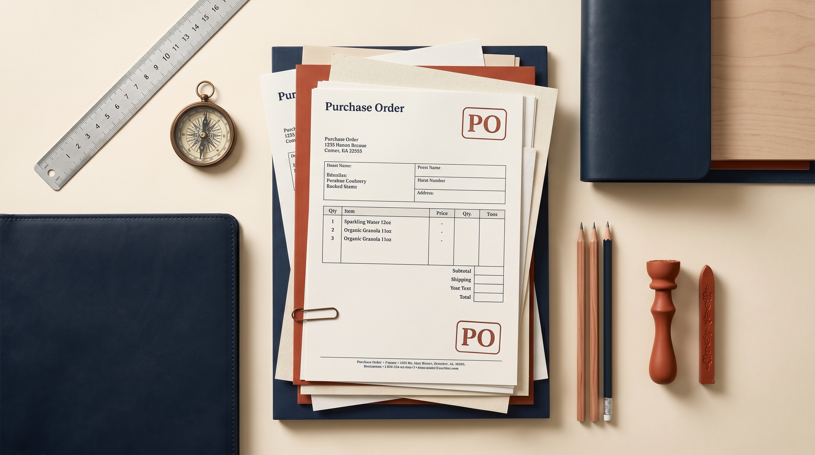 Editorial top-down still life on a warm cream surface — wood textures, neutral paper documents, a calculator, and ordering tools arranged to evoke the rhythm of purchase-order workflow.